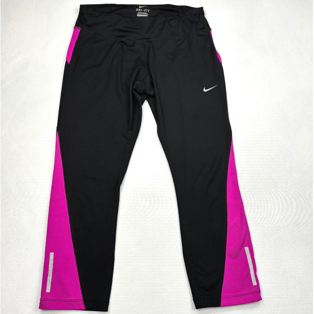 Nike Leggings Womens Medium Black Pink Dri FIT Crop Running Capri Tights Pants M